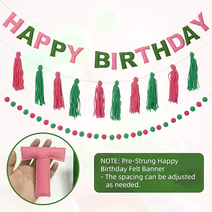 Pre-Strung Happy Birthday Banner Pink and Green Party Decorations Felt Ball Garland Sign for Witch Theme Birthday Party Décor