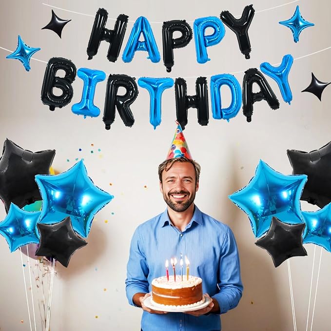 TONIFUL 35PCS Black Blue Happy Birthday Decorations Kit 16 Inch Happy Birthday Balloon Banner with Star Balloons Mylar Foil Birthday Party Decorations Supplies for Men Women Adults Girls Boys Kids