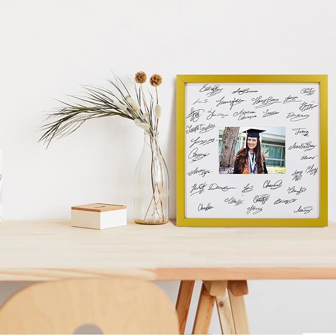 GraduatePro 14x14 Signature Picture Frame Board for 5x7 Photo with Signable Mat for Birthday Party Graduation Wedding Guest Book Gold