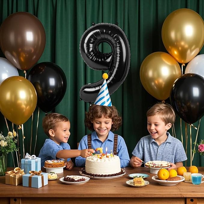 10PCS 40 Inch Large Foil Number Balloons 0-9 Set - Reusable Metallic Black Birthday Wedding Decorations