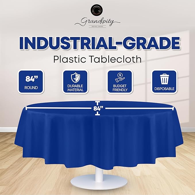 Grandipity 12 Pack Premium Disposable Plastic Tablecloth 84" Inch Decorative Round Table Cover - Blue