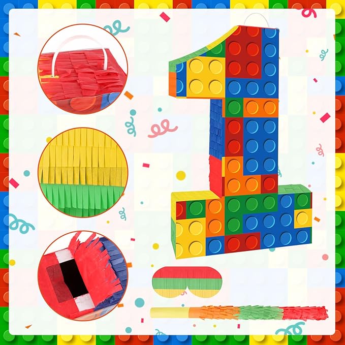 Number 1 Pinata Building Blocks with Pinata Stick Blindfold 1st Birthday Party Decorations for Kids Happy Birthday Building Block Theme Anniversary Party Supplies (Small, 16 x 10.6 x 3 In)