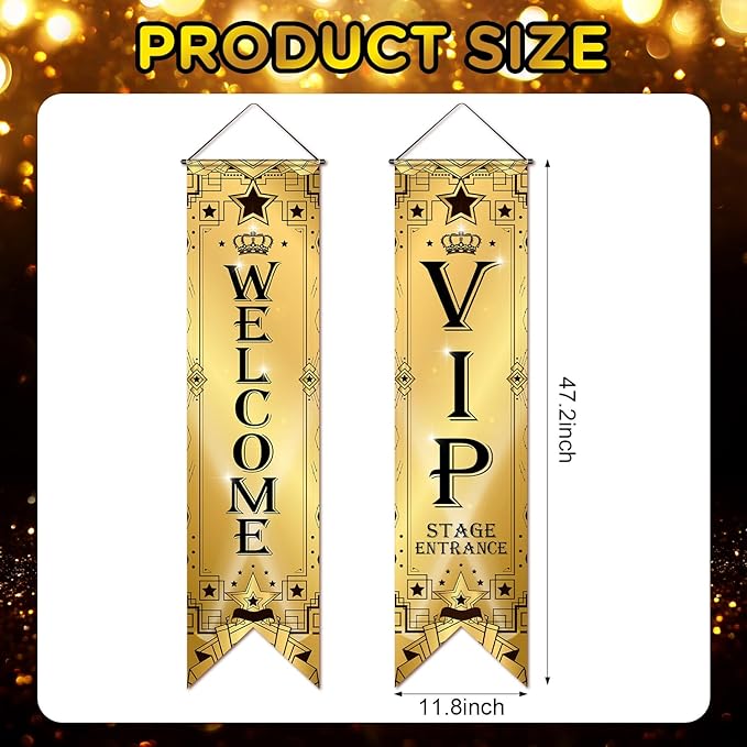 Blulu VIP Party Decorations Roaring 20s Movie Night Banner VIP Porch Sign Movie Theater Now Showing Hanging Porch Sign 1920s Party Supplies(Gold)