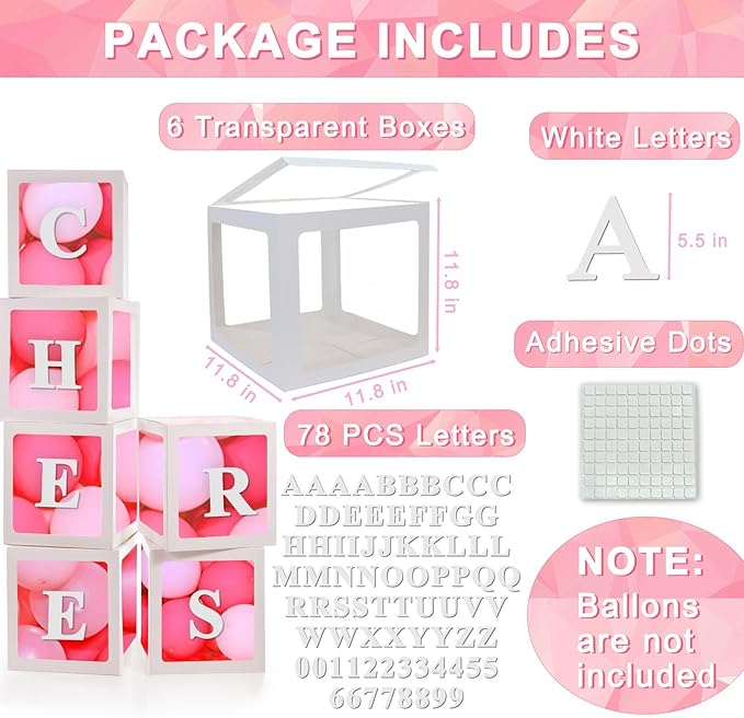 White Transparent Balloon Boxes With 78 Letters, Name Boxes for Baby Shower, Clear Baby Box Blocks Backdrop for 1st Birthday, Bridal Shower, 2026 Graduation Prom Party, Gender Reveal Decoration, 6 PCS