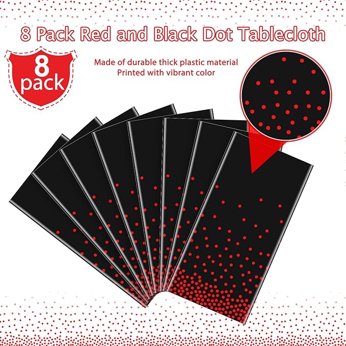 8 Pack Red and Black Dot Plastic Tablecloth, Red Stamping Dot Confetti Rectangle Plastic Disposable Table Cover for Birthday Wedding Baby Shower Engagement Anniversary Party Decorations, 54 x 108 Inch