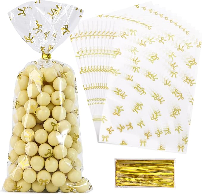 Clear Gift Bags, 4X9 In 100 PCS Cello Cellophane Treat Bags Party Favor Bags Clear Candy Cookie Bags Plastic Poly Goodie Bags with Twist Tie for Birthday,Baby shower,Wedding (Gold Bow)