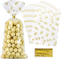 Clear Gift Bags, 4X9 In 100 PCS Cello Cellophane Treat Bags Party Favor Bags Clear Candy Cookie Bags Plastic Poly Goodie Bags with Twist Tie for Birthday,Baby shower,Wedding (Gold Bow)