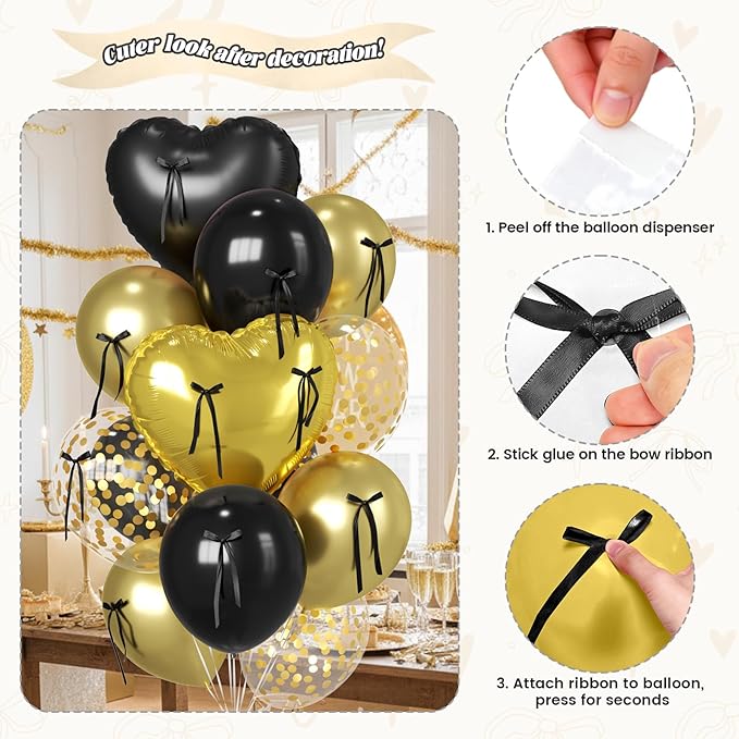 Paready Black and Gold Heart Balloons, 38 Inch Bow Balloons, Metallic Gold Confetti Balloon and Bow Heart Shaped Foil Balloon for Prom Birthday Wedding Bridal Baby Shower Valentines Day Decorations