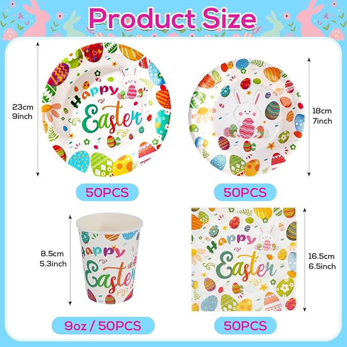 200PCS Easter Paper Plates and Napkins Set, Bunny & Egg Theme, 9" Dinner Plates, 7" Dessert Plates, 9oz Cups and Napkins, Heavy Duty Disposable Tableware for Easter Party Supplies, Serves 50