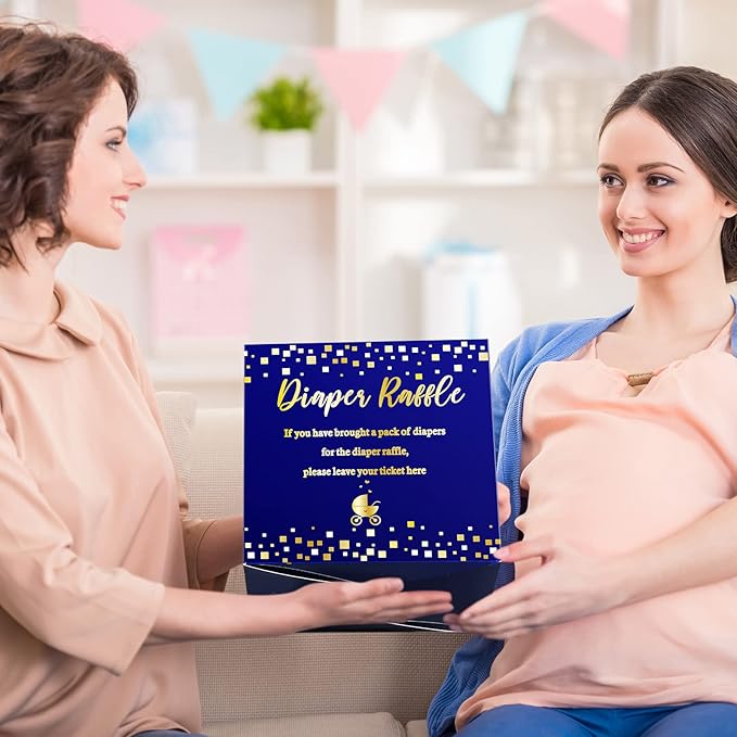 Funrous 51 Diaper Raffle Tickets with Box for Baby Shower Game Invitations Diaper Raffle Card for Gender Reveal Baby Shower Party Decoration Table Centerpiece(Navy, Gold)