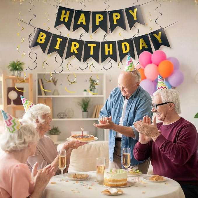 Black Happy Birthday Banner, Birth Decorations with Metallic Hanging Swirl, Sign for Backdrop Party Decor, Bunting Banner for Men Women, Supplies for Boys Girls