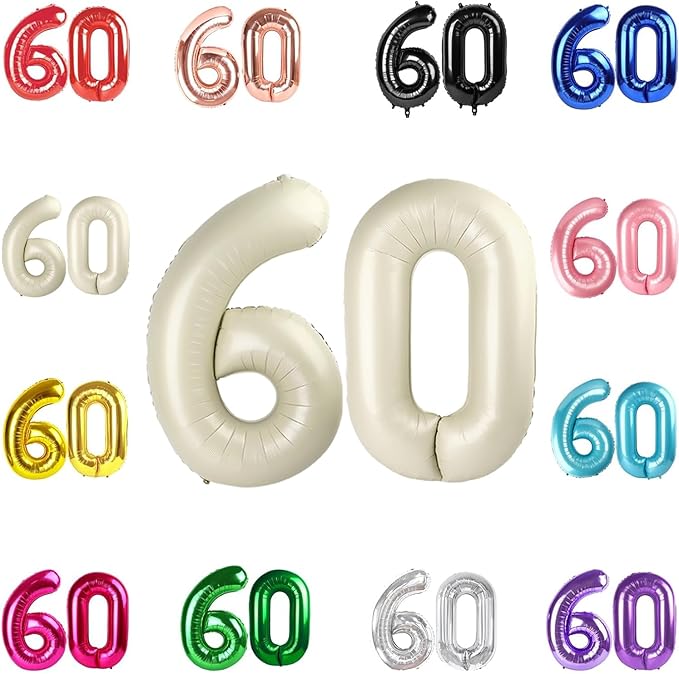 60 Balloon Number, Cream Number 60th Birthday Balloons 40 Inch, 60 Years Old Cream Birthday Decorations for Men Women, 60th Anniversary Decorations