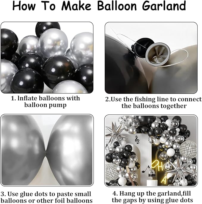 Black Silver Balloons Arch Garland Kit, Black Silver White Balloons Disco Ball Balloons Arch for Disco Party Birthday Graduation Anniversary Decorations