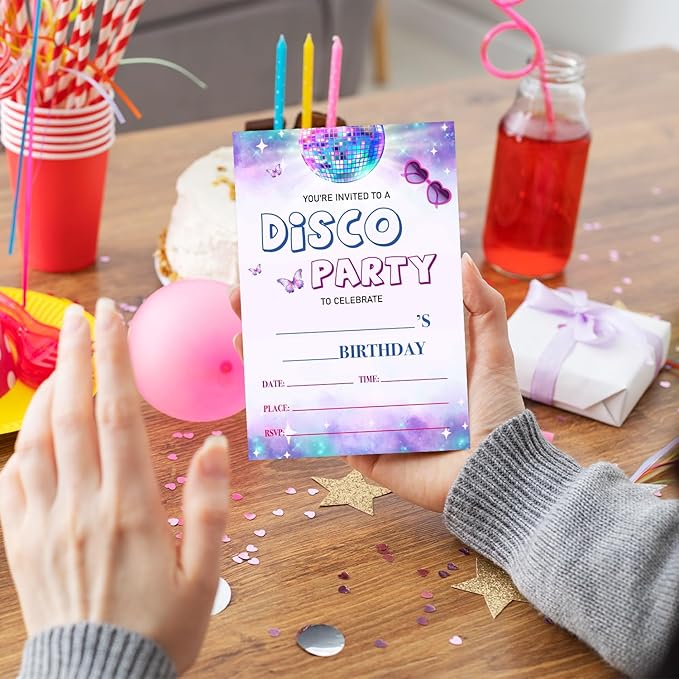 Disco Party Birthday Party Invitation Cards for Women Girls Boys, Disco Birthday Celebration Party Invite Cards Supplies, 20 Double-Sided Fill In Invites With Envelopes -09