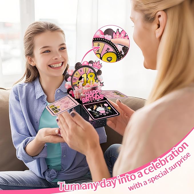 FaCraft Pop Up 18th Birthday Card - Handmade Happy Birthday Pop Up Greeting Cards Gift with Envelope and Blank Insert, Spinning Wheel Design, 18 Year Old Teens, Girls, Daughter