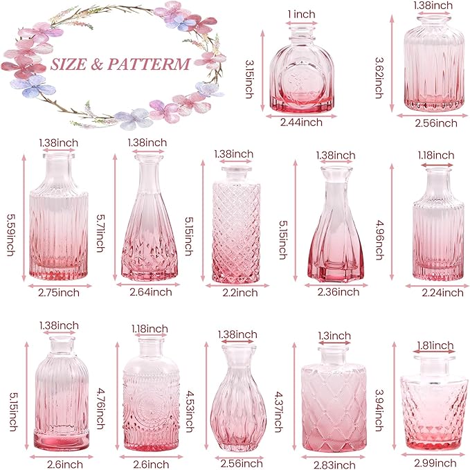 Glass Pink Bud Vases Set of 12, Mini Flower Valentine Vase for Centerpieces, Small Vases in Bulk for Wedding Decorations, Vintage Vase for Table, Home Décor