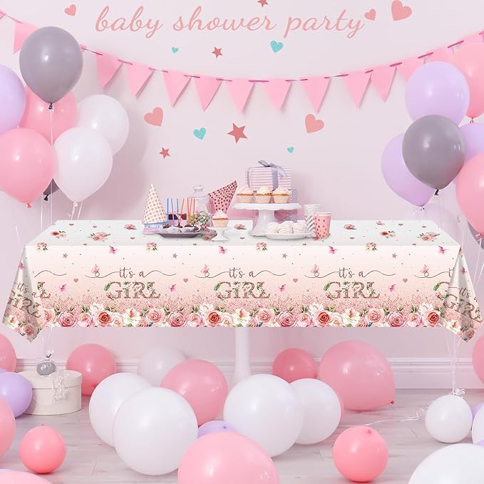 6 Pack Floral Baby Shower Tablecloth, It's a Girl Decorations, Pink Flower Party Backdrop, Plastic Disposable Table Cloth for Girl