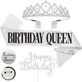 Birthday Sash, Birthday Crown, Birthday Cake Topper, Birthday Pin Button. Queen Sash and Birthday Tiara for women and Grils Birthday Decorations for Women MS4U (Silver)
