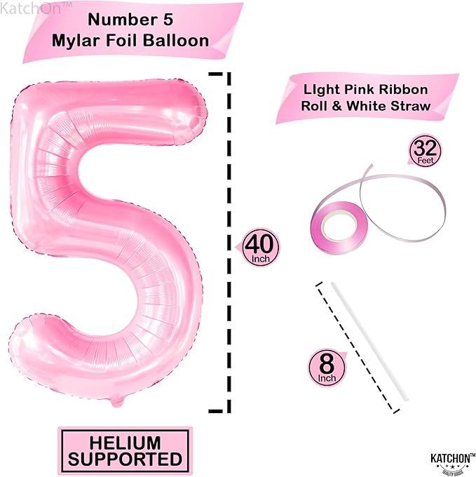 KatchOn, Giant Pink 5 Balloon Number - 40 Inch | Mylar Pink Number 5 Balloon | Pink Five Balloons, 5th Birthday Decorations Girl | Pink 5 Balloon For Happy Anniversary Decorations