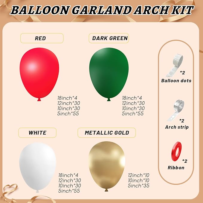412pcs Red Green White Balloon Garland Arch Kit, 18 12 10 5 inch Different Sizes Red White Dark Green Balloon for Birthday Christmas New Year Party Decor