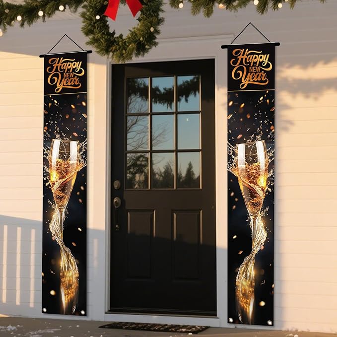 Nuxovilar New Year Decorations Outdoor Yard Front Porch Sign Set, Gold Champagne Glass "Happy New Year" Door Banners, Hanging Decor for Home