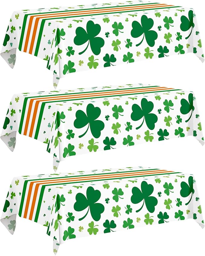 3 Pack St. Patrick's Day Tablecloths 54" x 108", Green Shamrock Plastic Table Covers, Disposable Party Tablecloths for St Patricks Day Decorations, Holiday Party Supplies