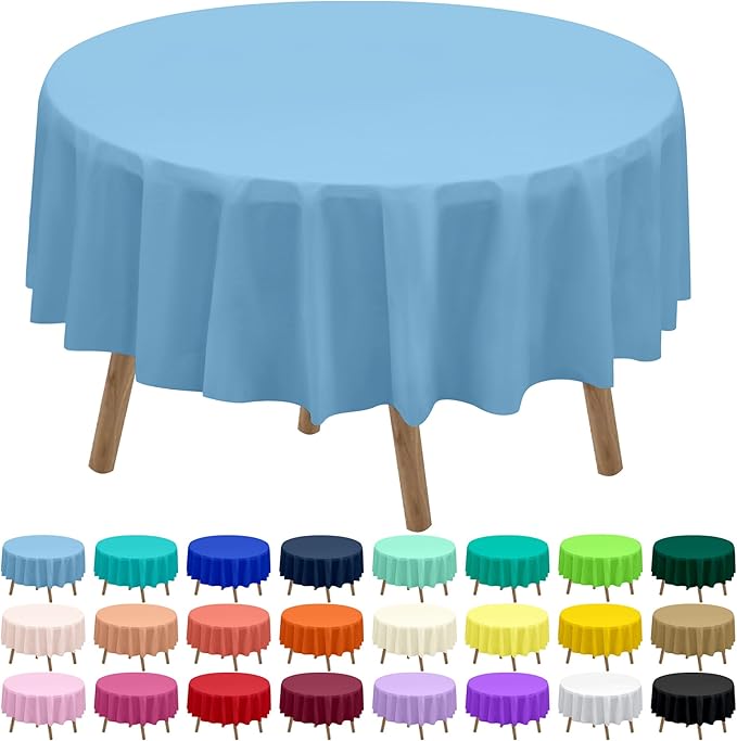 PARTY ULYJA Light Blue Plastic Tablecloths 2 Pack Disposable Table Covers 84 Inch Circle Baby Shower PEVA Sky Blue Table Cloths for Picnic Birthday Wedding Banquet Parties 6 ft Round Table Use