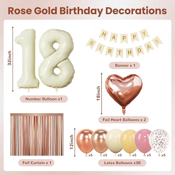 18th Birthday Decorations for Girl, Retro Sand White and Cream Balloon Garland Kit, Cream Number 18 Balloon, Pink Happy 18th Banner, 18 Year Old Party Supplies