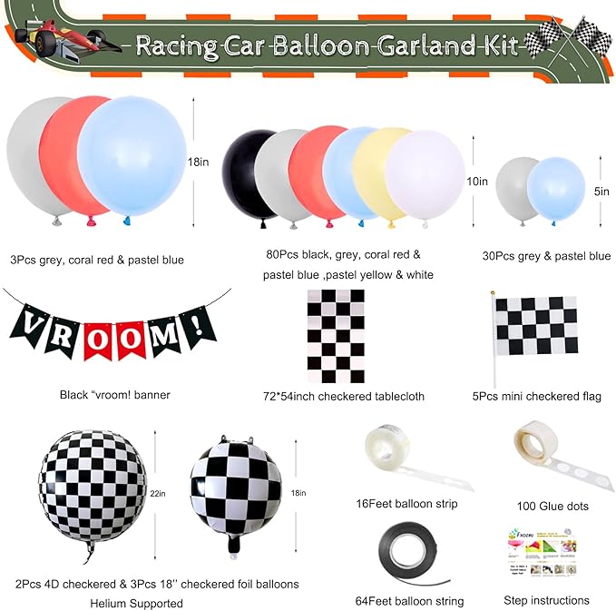Race Balloon Garland Arch Kit Pastel Coral Gray Yellow Baby Blue Black White Balloons with Checkered Foil Balloons Tablecloth Flag Banner for Car Sports Birthday Baby Shower Decorations Party Supplies