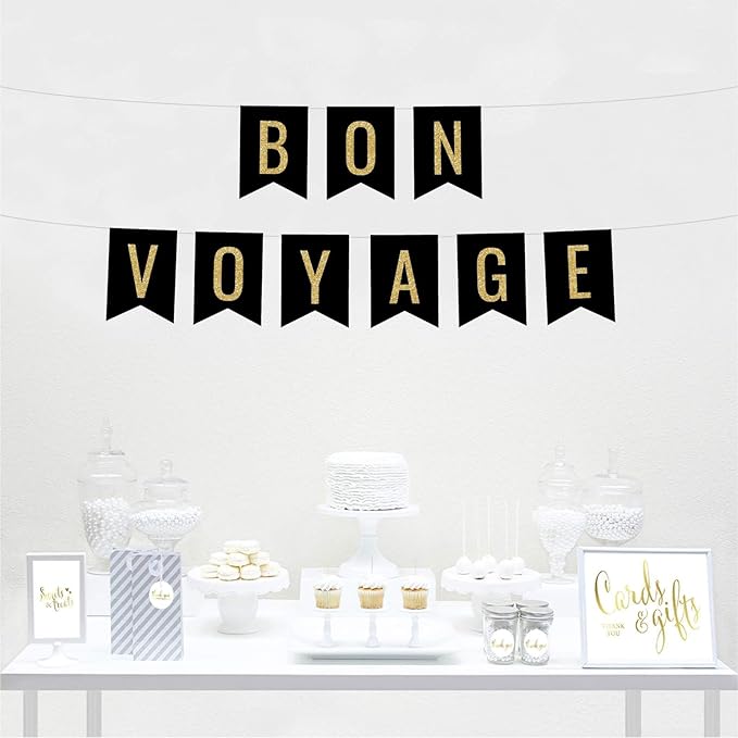 Andaz Press Faux Gold Glitter on Black Party Banner Decorations, Bon Voyage, Approx 5-Feet, 1-Set, Going Away Study Abroad Graduation Retirement Colored Hanging Pennant Decor