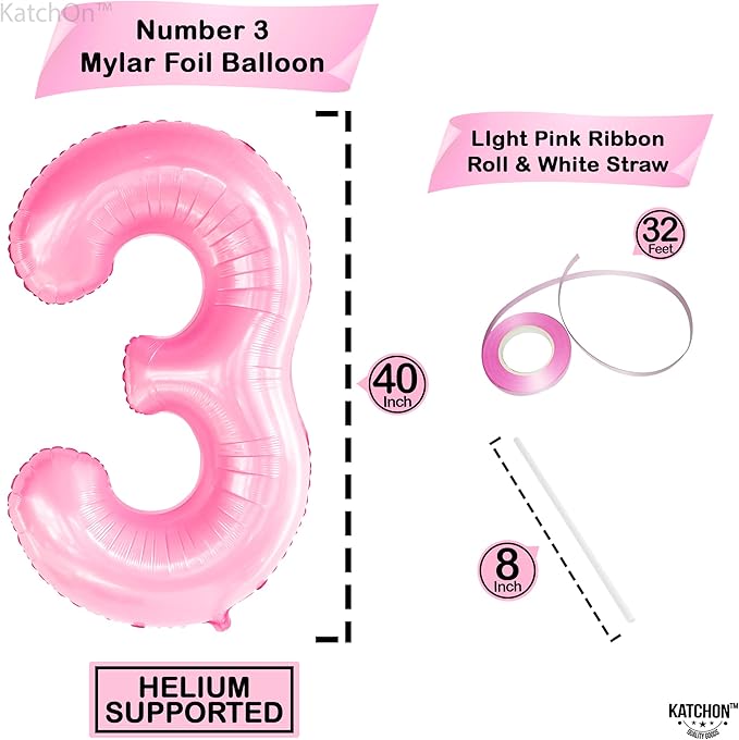 KatchOn, Large Pink Number 3 Balloon - 40 Inch | Mylar Foil Balloon For 3rd Happy Birthday Decorations | Pink Number 3 Balloon For 3rd Anniversary Decorations | Birthday Party Decoration