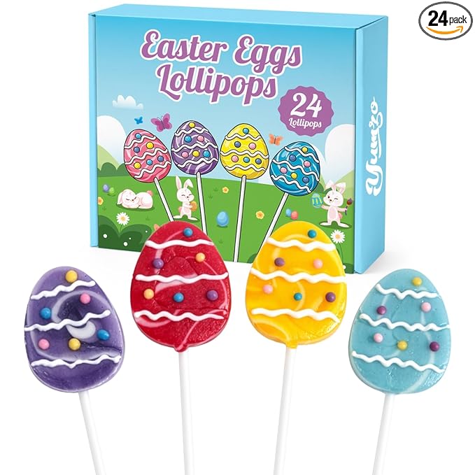 Easter Eggs Lollipops with Natural Colors – 24 Count, Individually Wrapped Candy Pops, Egg Shaped Lollipops For Baskets, Egg Hunt Party Favors, Easter Classroom Treats, And Spring Candy For Kids.