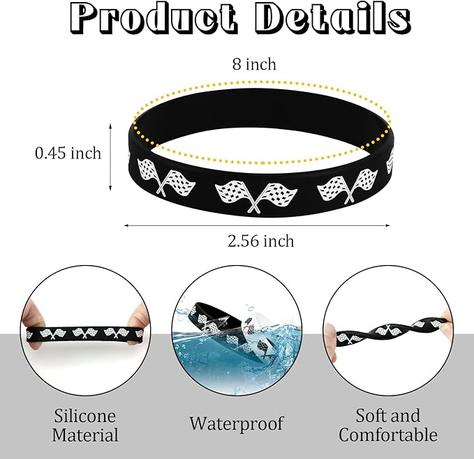 JUNEBRUSHS 42Pcs Racing Car Party Favors, Racing Flag Silicone Rubber Wristbands Bracelets for Baby Shower Birthday Party Goodie Bag Favor Campaign Supplies