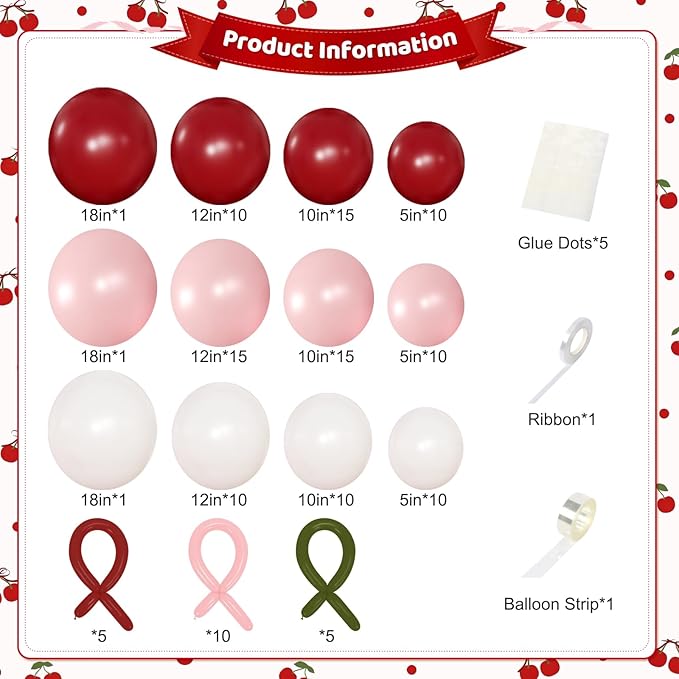 Pink and Red Balloon Arch Kit, Double Stuffed Balloons and Bows for Retro Soda Theme Baby Shower Coquette Cherry Themed Birthday Wedding Romantic Valentines Party Decorations