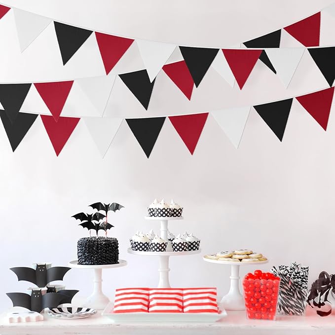 GCQQ 40Ft Red Black White Banner 42Pcs Graduation Banner Decorations Red Black White Party Decor Outdoor Triangle Fabric Bunting Banners for Halloween Grad Mickey Las Vegas Pirate Casino Party Decor