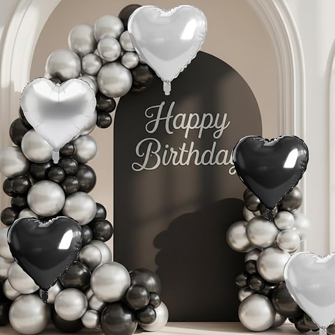 Black Silver Heart Balloons, 10 Pcs 18 Inch Metallic Silver Black Heart Shaped Balloon Foil Balloons Helium for Boys Men Brithday Bridal Baby Shower Valentines Day Halloween Party Decorations
