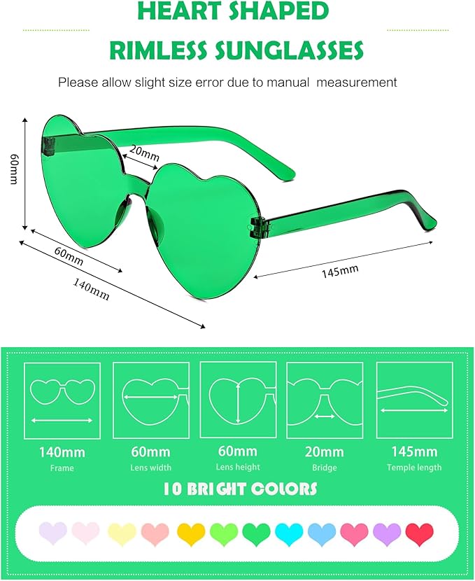 20 Pairs Heart Shaped Sunglasses Bulk, Colorful Rimless Fun Heart Sunglasses for Women Party Favors