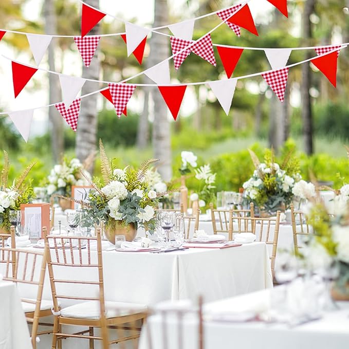 32 Ft Red Plaid Checkered White Pennant Banner Flags Triangle Bunting Garland for Carnival Red Party Decorations for Christmas Wedding Birthday Picnic Outdoor Family Holiday Celebrations