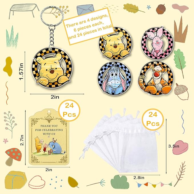 Winnie Baby Shower Favors Keychain,72pcs Winnie Baby Shower Birthday Party Supplies for Guest, 24 Acrylic Keychains, 24 Tags, 24 Gift Bags for Winnie Themed Party