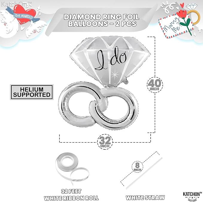 KatchOn Giant Silver Diamond Ring I Do Balloons - 40 Inch, Pack of 2 | Engagement Ring Balloon for Silver Engagement Party Decorations