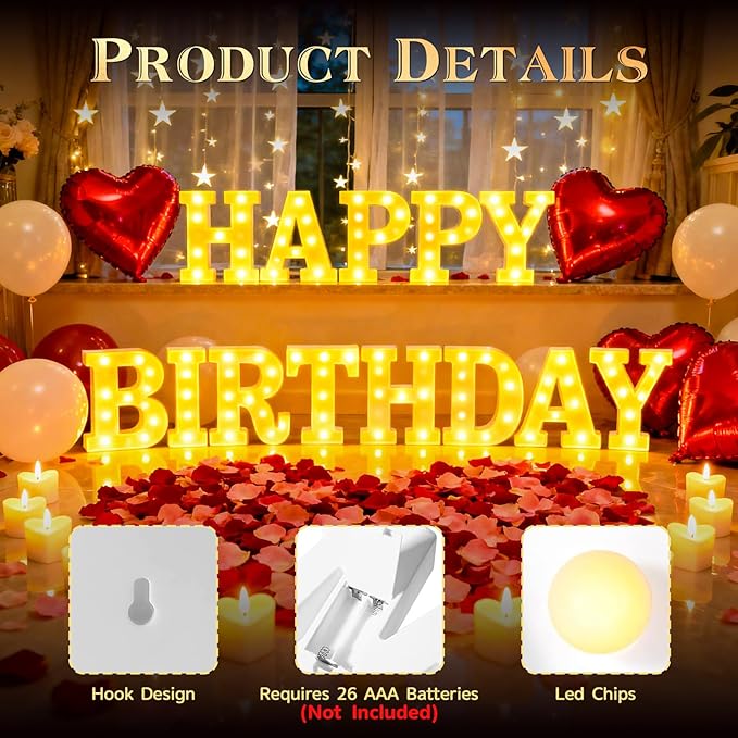 Happy Birthday Light up Letters, Include Tea Lights Candles, Latex Balloons, Aluminum Balloons and Rose Petals, Special Festival, Surprise Gifts for Women and Men