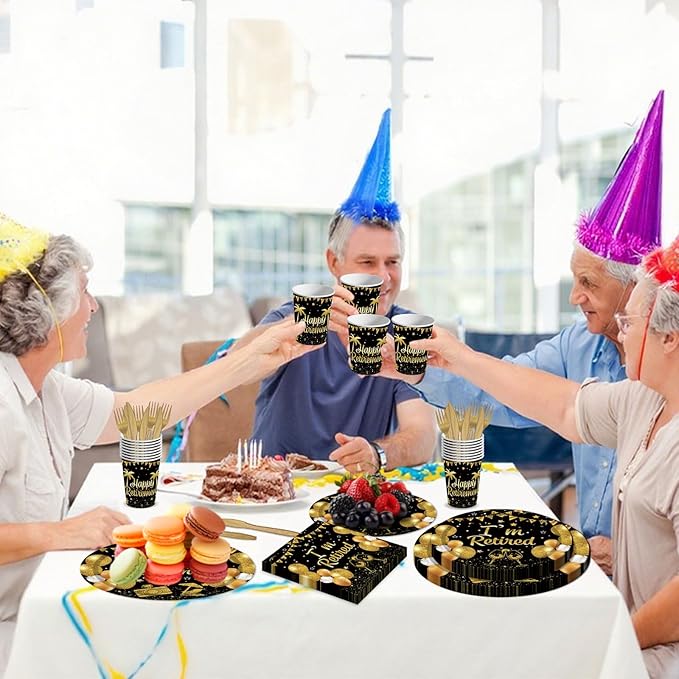 144PCS Happy Retirement Party Supplies Black Gold Retirement Tableware Set Retired Party Decorations Including Paper Plates Napkins Cups Forks Serve 24 for Men Women