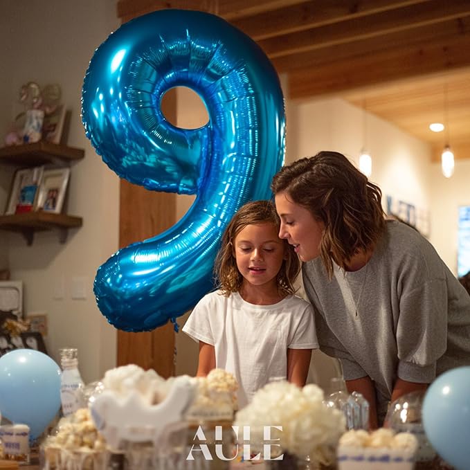 AULE 40 Inch Large 9 Balloon Numbers Blue, Big Foil Number Balloons, Giant Helium Happy Birthday Party Decorations for Man and Women, Huge Mylar Anniversary Party Supplies