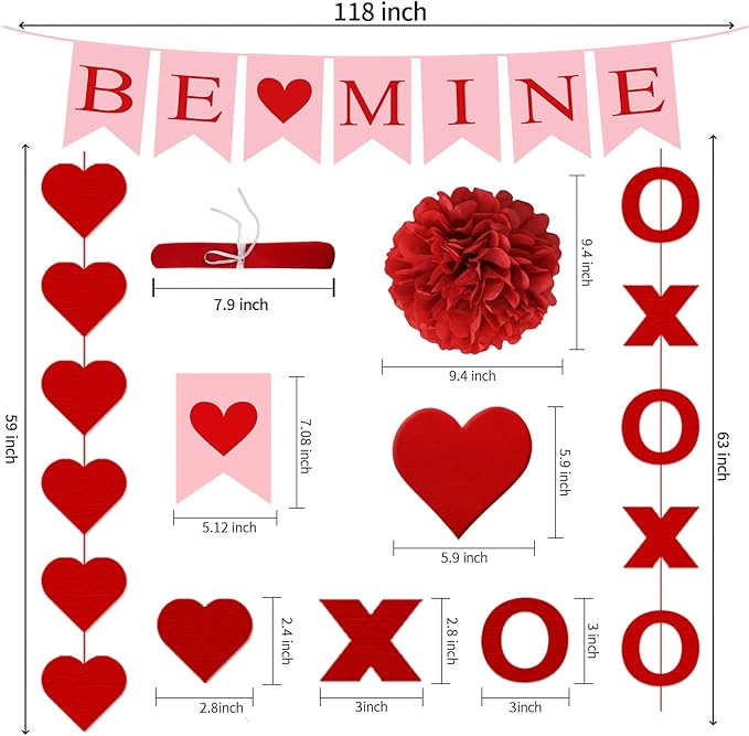 21Pcs Valentines Day Decorations Valentines Day Decor Pre-Assembled Hanging Heart Swirls BE Mine Love Heart XO Garlands Banner for Home Classroom Office Wedding Party