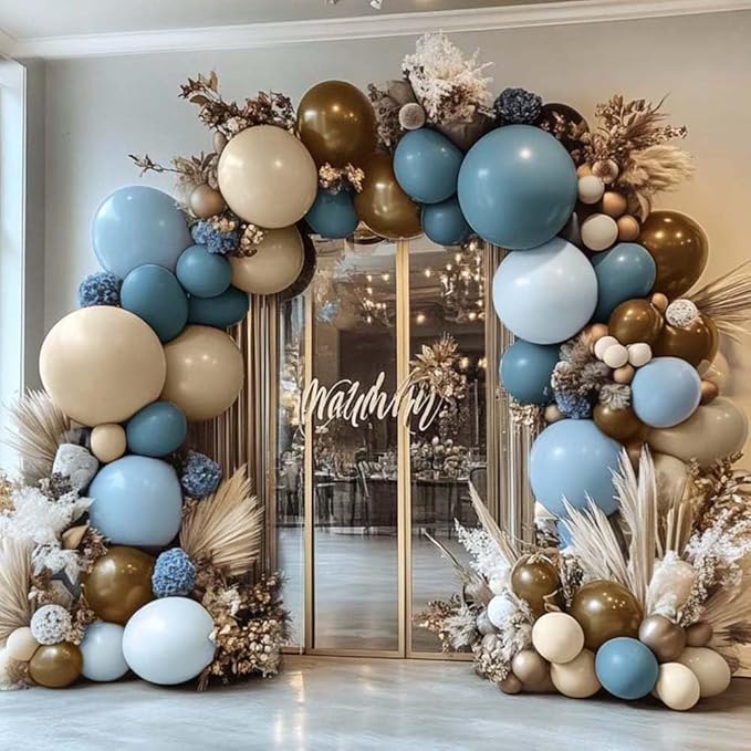 Dusty Blue Brown Balloon Arch Kit Double Stuffed Pastel Baby Blue Dark Brown Tan Coffee White Sand Latex Balloon Garland for Neutral Birthday Bear Western Cowboy Party Decoration
