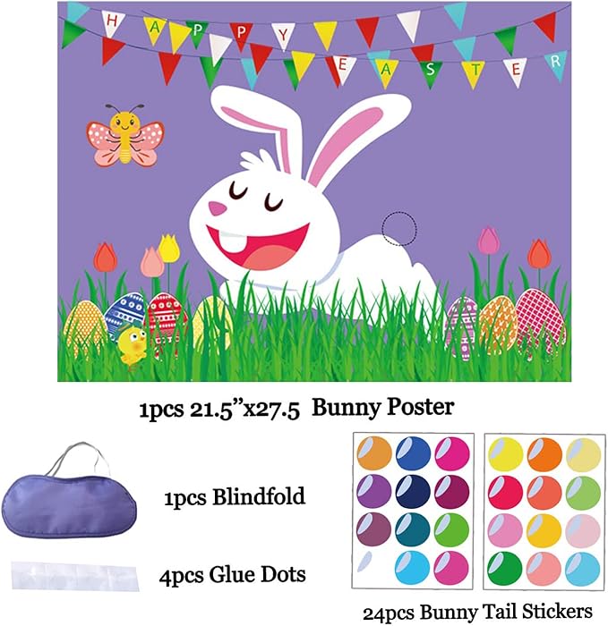 Funnlot Easter Games for Kids Pin The Tail on The Bunny with 24 Stickers Easter Party Games Easter Rabbit Game for Easter Party Decorations Easter Egg Hunt Activities