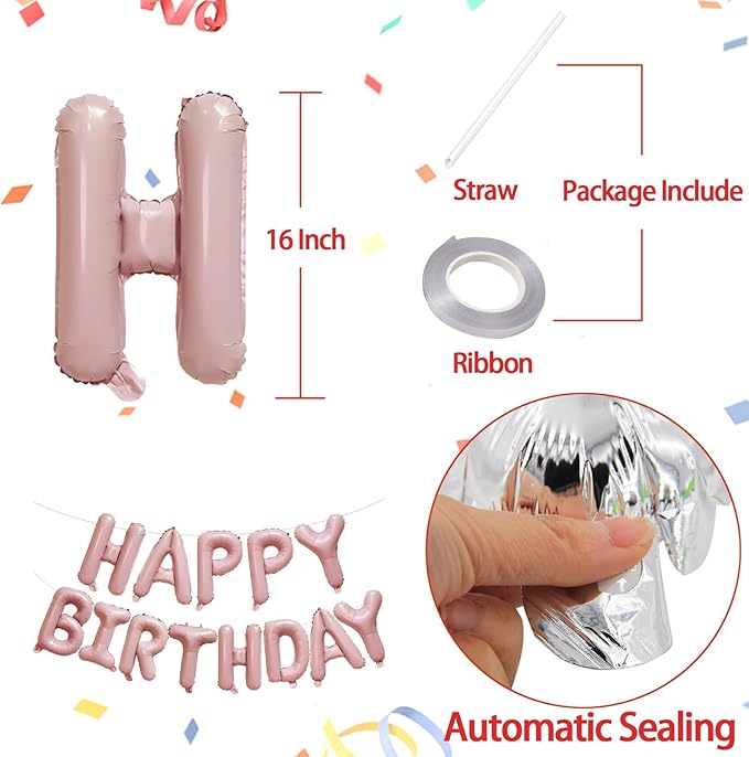 KALOR Baby Pink Happy Birthday Balloons Banner, 16 Inch Mylar Foil Letters Balloon Sign for Birthday Party Decorations Photo Booth Backdrop