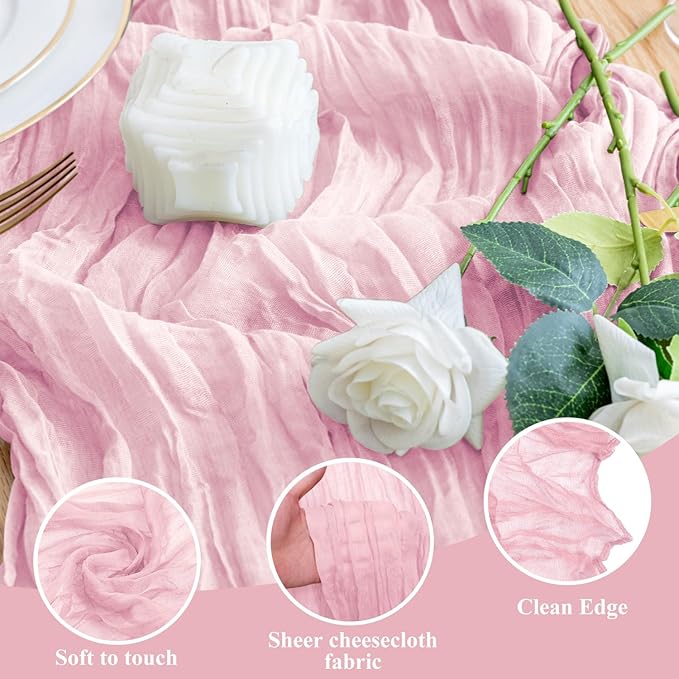 Wokceer Pink Cheesecloth Table Runner Spring 2Pack 10FT Blushing Pink Boho Gauze Easter Table Runner for Party Rustic Sheer Runners for Baby Bridal Shower Wedding