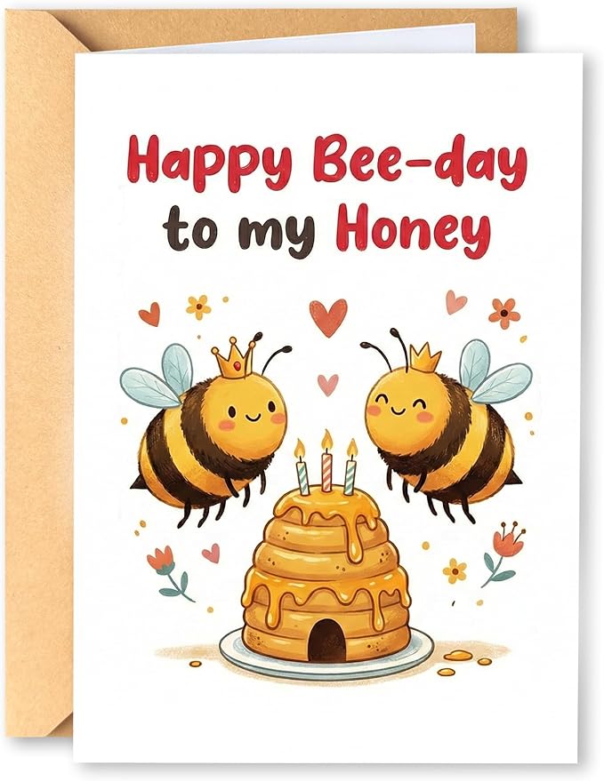 KINGNAME Cute Bee Pun Birthday Card for Wife Husband Girlfriend Boyfriend, Happy Bee-Day to My Honey, Sweet Anniversary Love Greeting Card for Partner