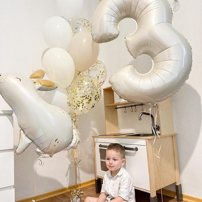 40 Inch Cream Number 3 Balloon, Beige Large 3rd Birthday Balloons, Digital 3 Cream White Giant 3 Foil Balloon Helium for Boys Girls 3rd Birthday Decorations Anniversary Baby Shower Party Supplies